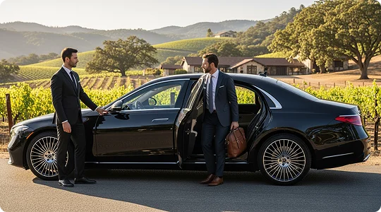 Two well-dressed men, likely a passenger and a chauffeur, are standing next to a black luxury sedan in a scenic, sunny rural setting. The man in a gray suit is stepping into the car while holding a brown leather bag, and the man in the black suit is holding the door for him. Rolling hills and a field with some buildings are visible in the background.