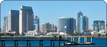 scenic view of the San Diego skyline and harbor on a sunny day.