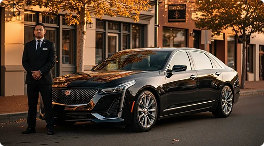A smartly dressed chauffeur stands next to a black Cadillac luxury sedan on a city street lined with buildings and autumn trees.