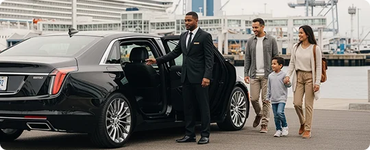 A chauffeur in a black suit opens the rear door of a black Cadillac sedan at a waterfront terminal. A smiling family—a man, a woman, and a young boy holding hands—walks toward the car. Docked ships are visible in the background.