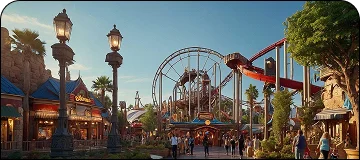 An amusement park scene at sunset with a Ferris wheel and roller coaster.
