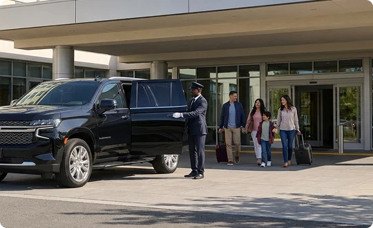 A chauffeur in a dark suit and cap stands by a black Chevrolet Suburban with the rear door open at a building's entrance. A family of four, including two adults and two children carrying luggage, walks toward the vehicle from the glass doors of the building.