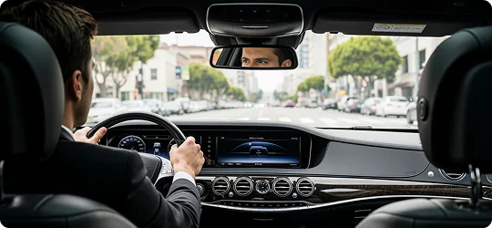 Rear side view of a chauffeur focused on road while driving a private black car with modern black interior. City setting showing a traffic signal and buildings on both sides are visible in foreground of the picture from windscreen.