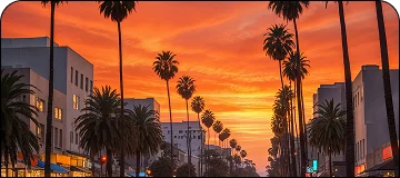 A vibrant orange sunset over palm trees and buildings in Orange County.