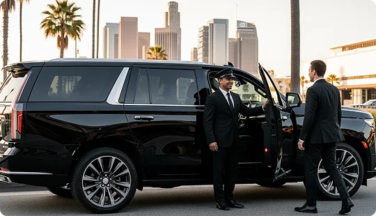 A chauffeur in a suit holds open the door of a sleek black Cadillac Escalade on a city street lined with palm trees and a downtown skyline in the background, greeting a passenger in a suit who is approaching the vehicle.
