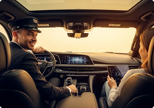 A chauffeur in a suit drives a luxurious Cadillac Escalade with a panoramic sunroof, while a passenger in the back seat uses a tablet, enjoying the scenic sunset view through the windshield.