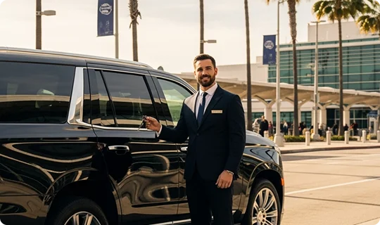 A smiling chauffeur standing next to a black luxury SUV at an airport drop-off.