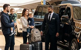 A smiling chauffeur in a suit greets a family with two young children and luggage next to a luxury black SUV at an airport or curbside.