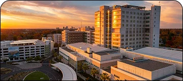 An aerial or high-angle view of a large hospital complex at sunset. The main building is a tall, modern structure with many windows reflecting the bright orange and gold sunlight. Several lower-level wings and a parking garage are also visible. The hospital is surrounded by trees and foliage, with a city skyline visible in the distance under a dramatic, cloudy sky.