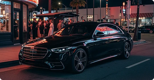 A sleek black Mercedes-Benz S-Class parked on a vibrant city street at night, with people gathered nearby and neon lights illuminating the scene.