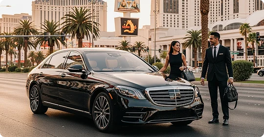 A male chauffeur in a suit and a female passenger in a black dress walk side-by-side on a sidewalk in Las Vegas, with a black sedan parked beside them. The background features bright casino lights and a vibrant night scene.