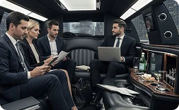 Four professionals in suits are working and discussing documents inside the luxurious, well-appointed back cabin of a luxury vehicle.