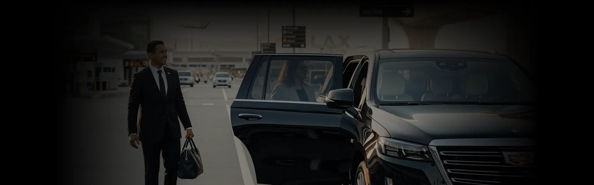 A well-dressed chauffeur holding a briefcase smiles while opening the door of a black SUV for a female passenger.