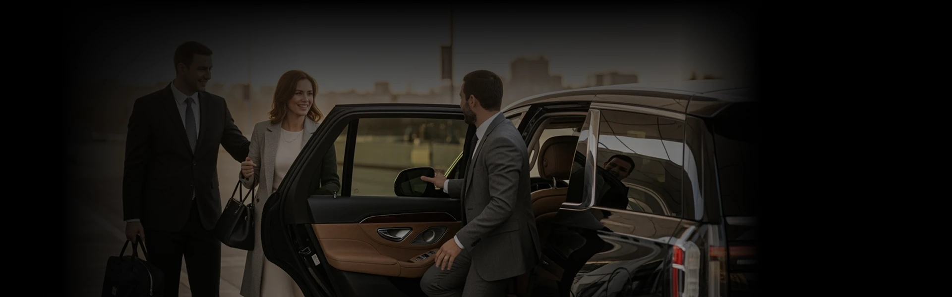 Professional chauffeur in suit assisting a man and a woman with luggage and handbags, entering a black luxury sedan at the airport curbside under clear skies for Long Beach Airport Car Service.