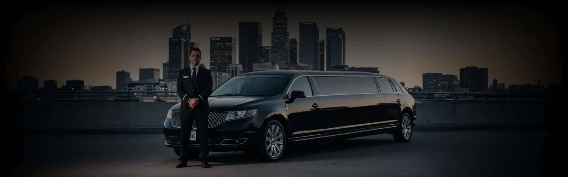 A chauffeur in a suit stands confidently in front of a sleek black Lincoln MKT, with a city skyline at dusk in the background, promoting the luxurious Limo Service in Los Angeles where luxury is expected.