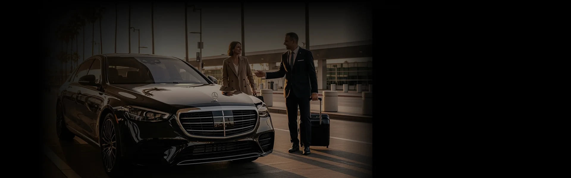 A chauffeur in a suit holds the luggage of a for a lady besides a luxury black sedan offering LAX to Disneyland Car Service.
