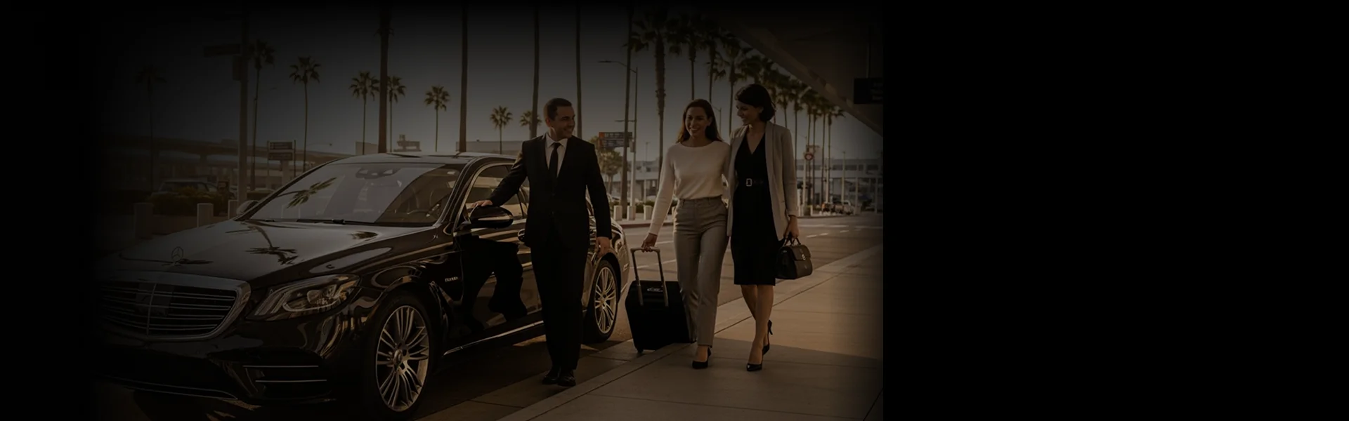 A chauffeur escorting two ladies towards their hired luxury black Mercedes-Benz sedan on an airport terminal at LAX to Pasadena where palm trees are visible in the background in dim sunlight view.