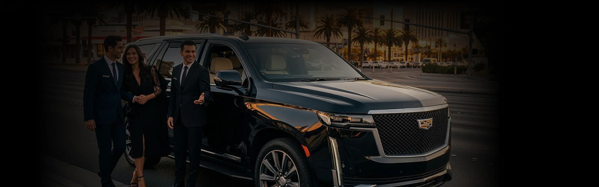 A chauffeur in a suit smiles as he helps a male and female passenger, dressed in formal attire, get into a black Cadillac Escalade SUV on a busy Las Vegas street at night.