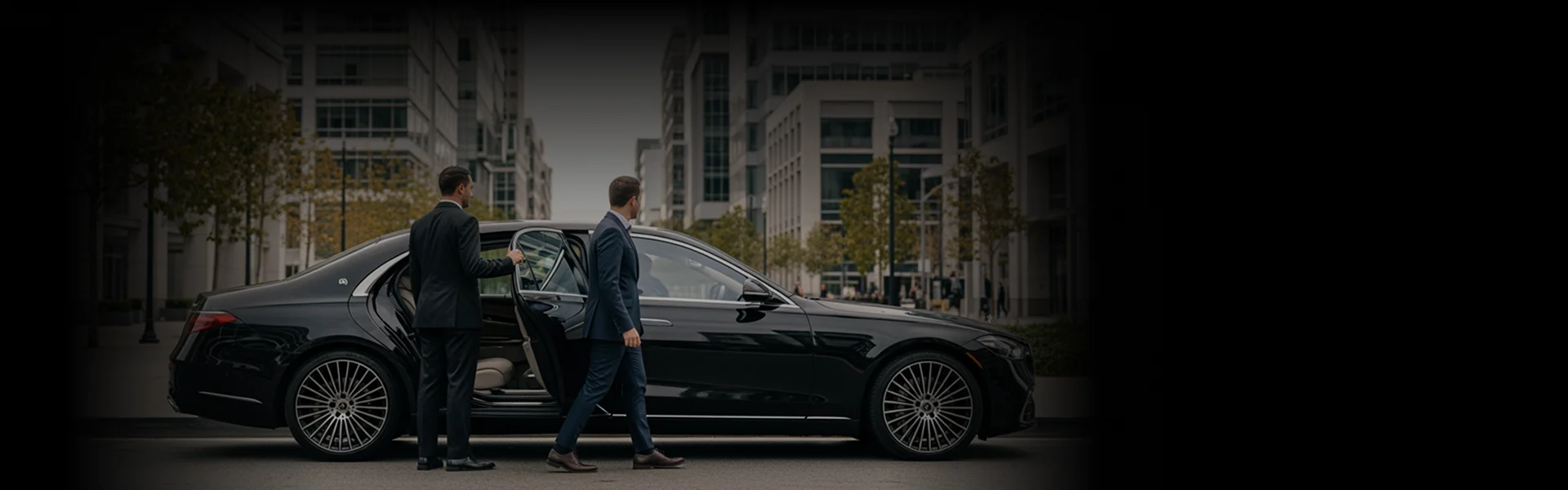 A chauffeur in a dark suit stands with his back to the viewer, holding the rear passenger door open for a male business passenger who is stepping out of a black luxury sedan (appears to be a Mercedes-Benz S-Class). The scene is set on a city street lined with modern, large office buildings and trees.