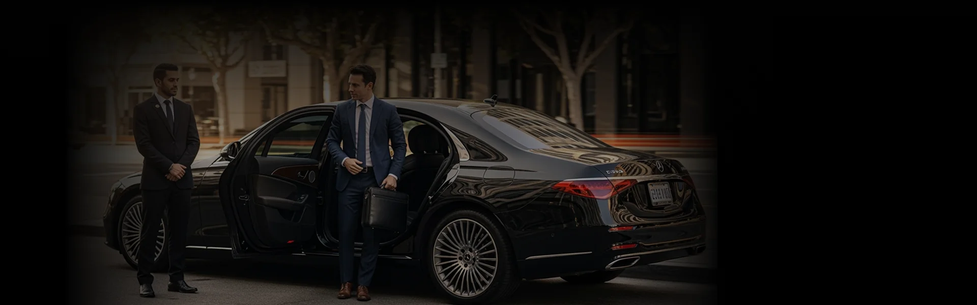 A businessman in a blue suit and tie is exiting the back seat of a black Mercedes-Benz luxury sedan, holding a briefcase. A second man, likely a security guard or chauffeur in a dark suit, stands alertly to the left of the car. The scene is on a city street.
