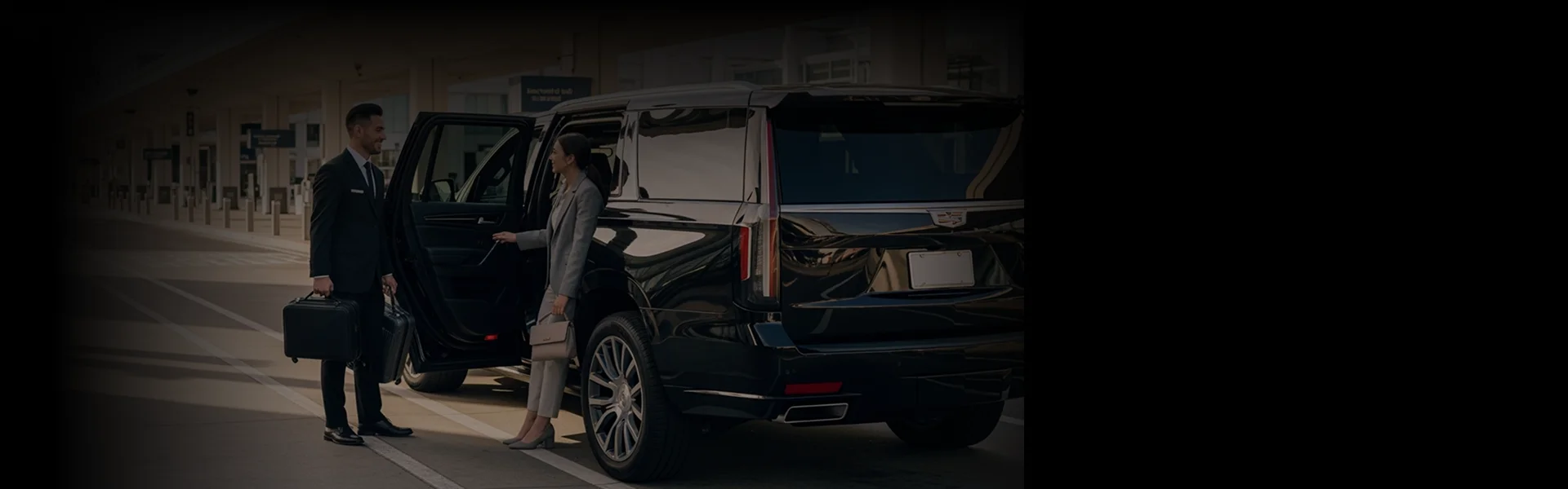 A chauffeur in a suit holds a briefcase and the open door of a black luxury SUV for a woman in a grey suit who is stepping into the vehicle.