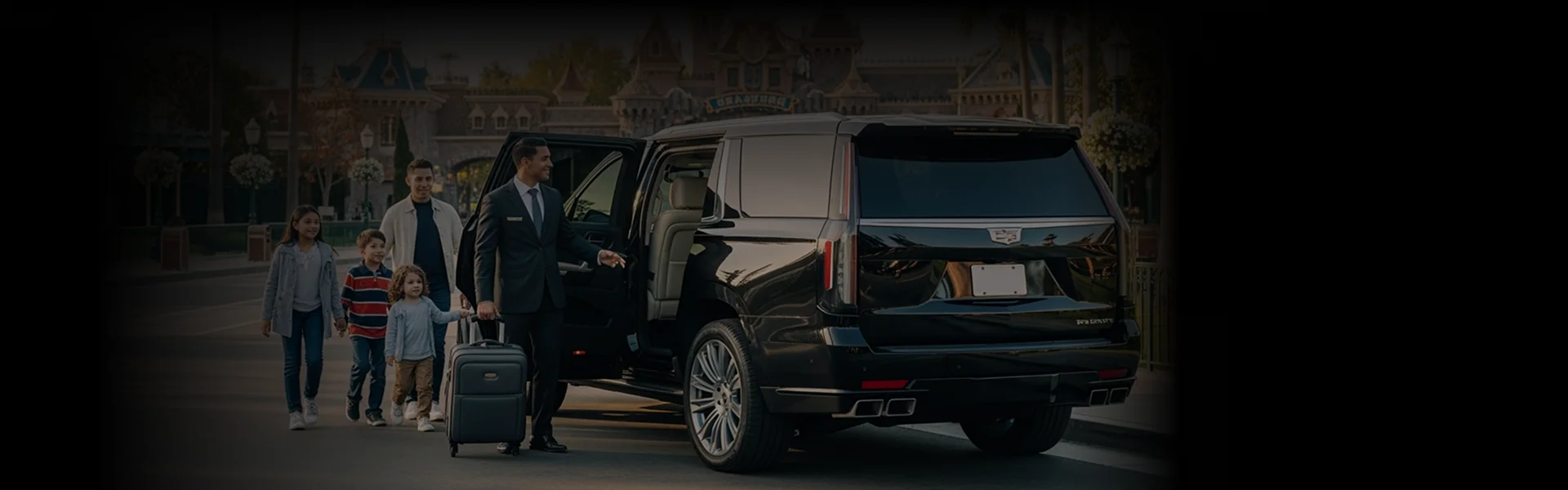 A smiling chauffeur in a suit holds a piece of luggage and assists a family of four (two adults and two children) exiting a large black luxury SUV, likely a Cadillac Escalade, with a theme park entrance in the background, emphasizing a family-friendly executive transport service.