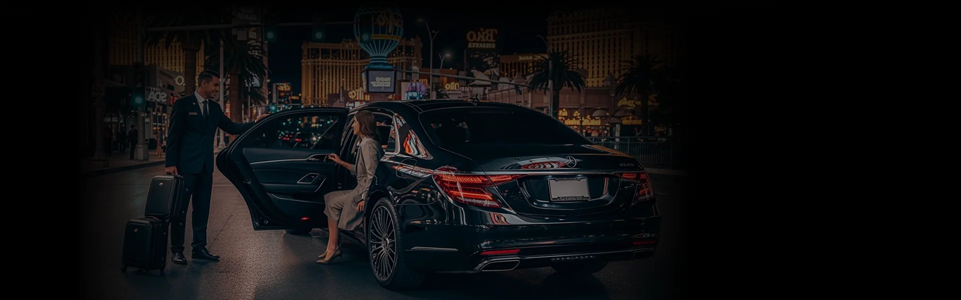 A chauffeur in a suit holds the door of a black luxury sedan open for a woman at night, with luggage on the curb and the bright lights of a city street in the background.