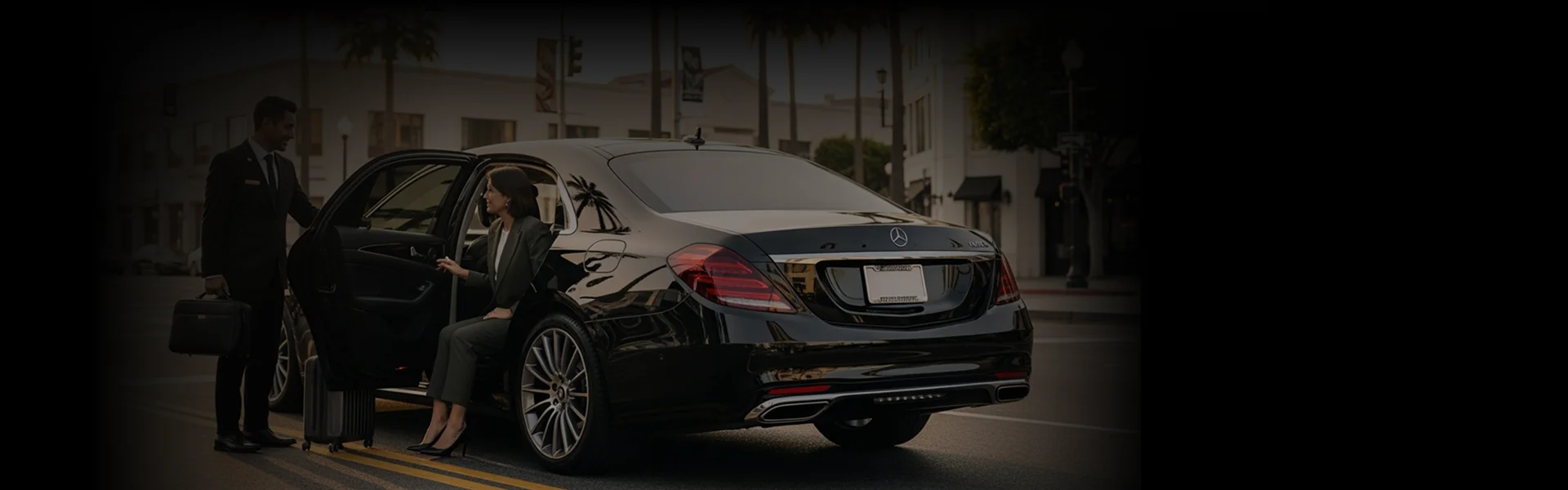 A chauffeur assists an elegant lady in exiting a black luxury sedan by holding the rear door open for her and her luggage in his hand at a city parkway.