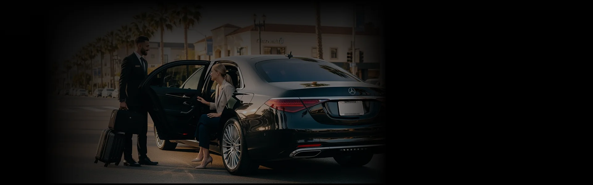 A chauffeur, holding luggage, opens the rear door of a black Mercedes-Benz S-Class luxury sedan for a professionally dressed female passenger who is gracefully entering the vehicle on a street at dusk, illustrating a personalized black car service.