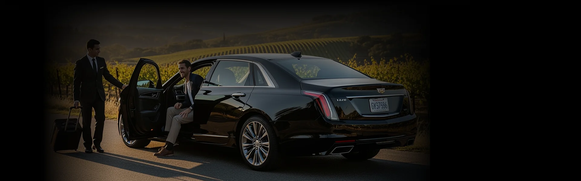 A chauffeur in a suit stands by a black luxury sedan holding a suitcase, assisting a smiling male passenger who is getting out of the back seat with a vineyard or wine country landscape in the background.