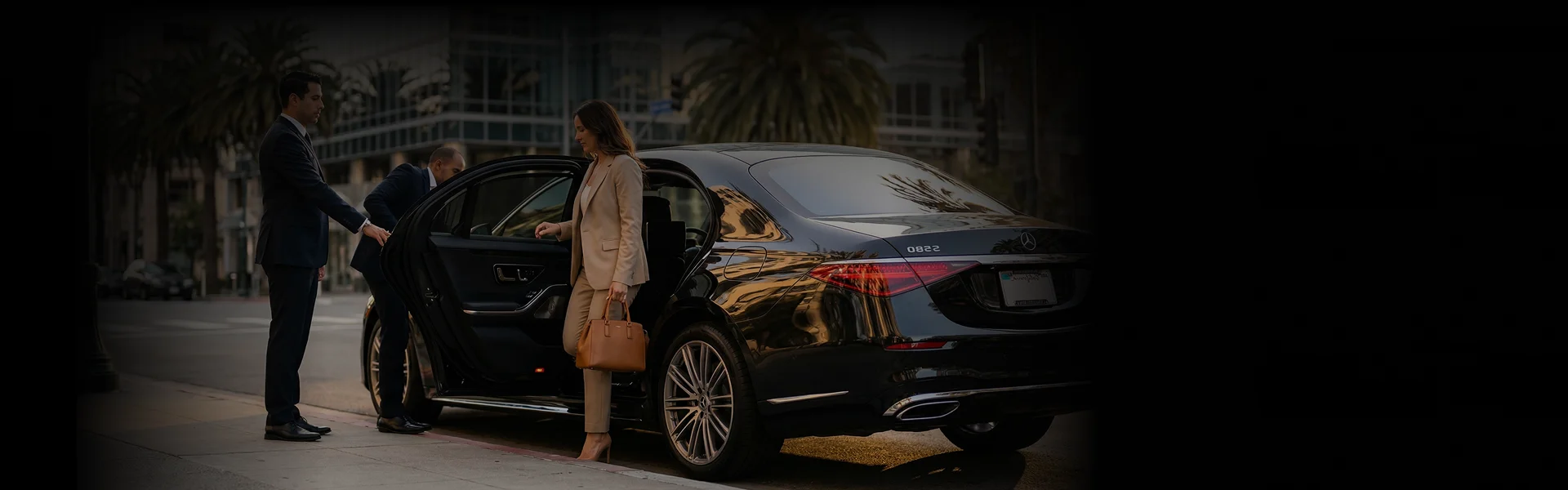 A well-dressed woman in a tan pantsuit and holding a brown handbag is stepping into a black luxury sedan on a city street. A chauffeur in a dark suit is assisting her with the door, while a second man in a dark suit is already seated in the back. Palm trees and modern buildings are visible in the background.
