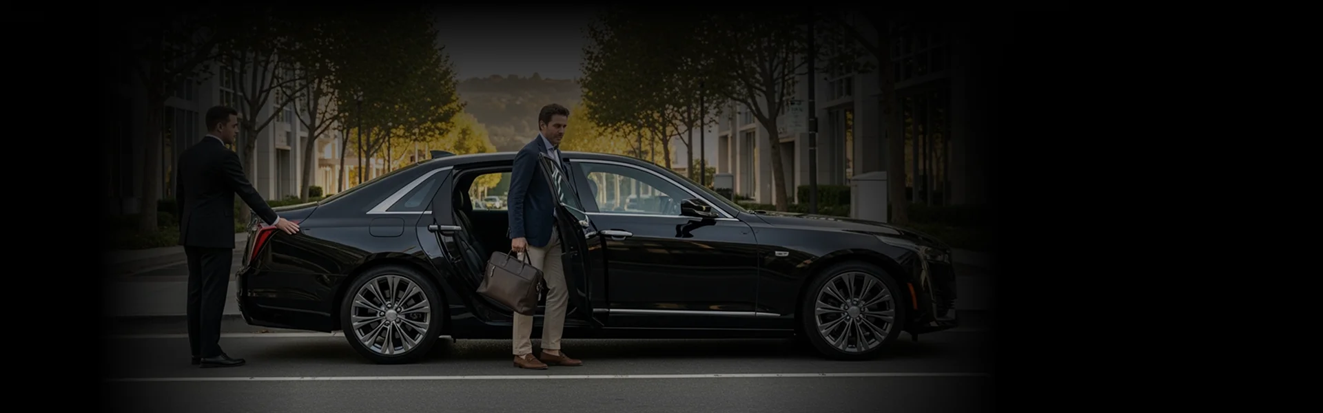 A chauffeur in a black suit opens the rear door of a black luxury sedan (likely a Cadillac) for a male passenger who is stepping out. The passenger is wearing a navy blazer, light trousers, and carrying a leather briefcase. The scene is on a city street lined with trees and modern buildings.