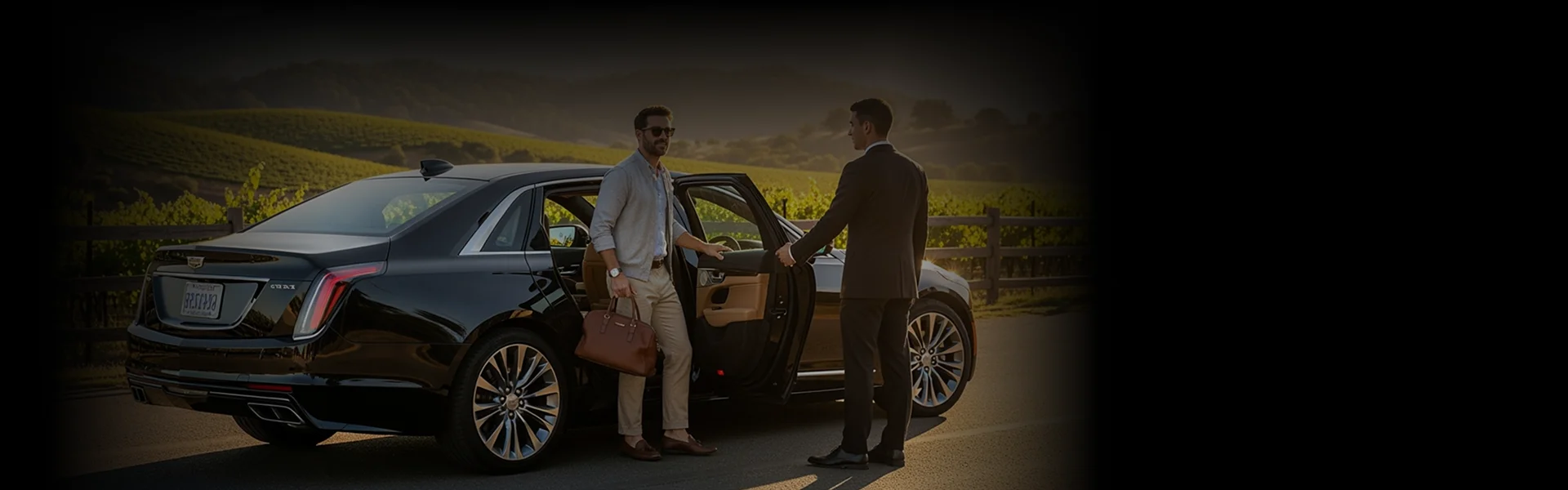 A professional chauffeur opens the rear door of a black luxury Cadillac sedan for a well-dressed male passenger, who is stepping out of the car holding a brown leather bag, with a vineyard and rolling hills visible in the background.