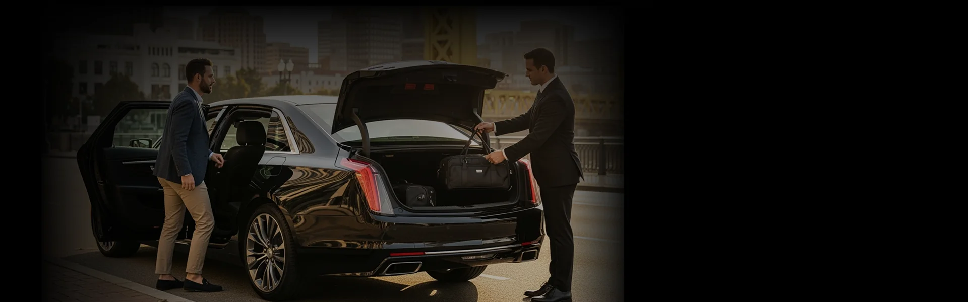 A chauffeur in a black suit places a dark leather bag into the open trunk of a black luxury sedan (likely a Cadillac). Simultaneously, a male passenger in a blazer and tan pants steps into the open back door of the car. The scene is outdoors on a city street, with buildings and a bridge visible in the dark, blurred background.