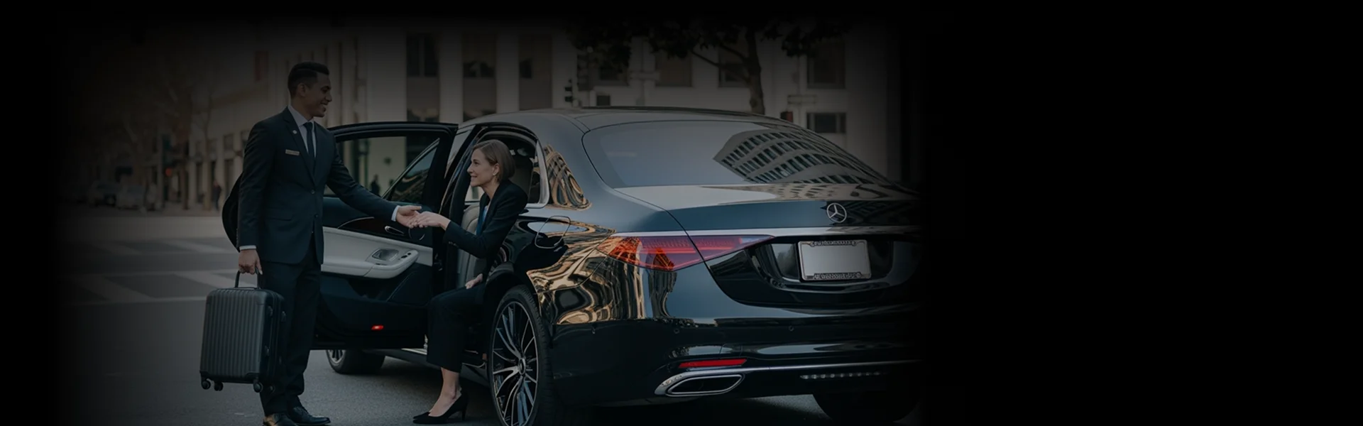 An elegant lady in black business suit with bob cut hairstyle is assisted by a suited chauffeur who holds her hand and suitcase while she exits a black luxury sedan parked outside a building that is visible in blur background.