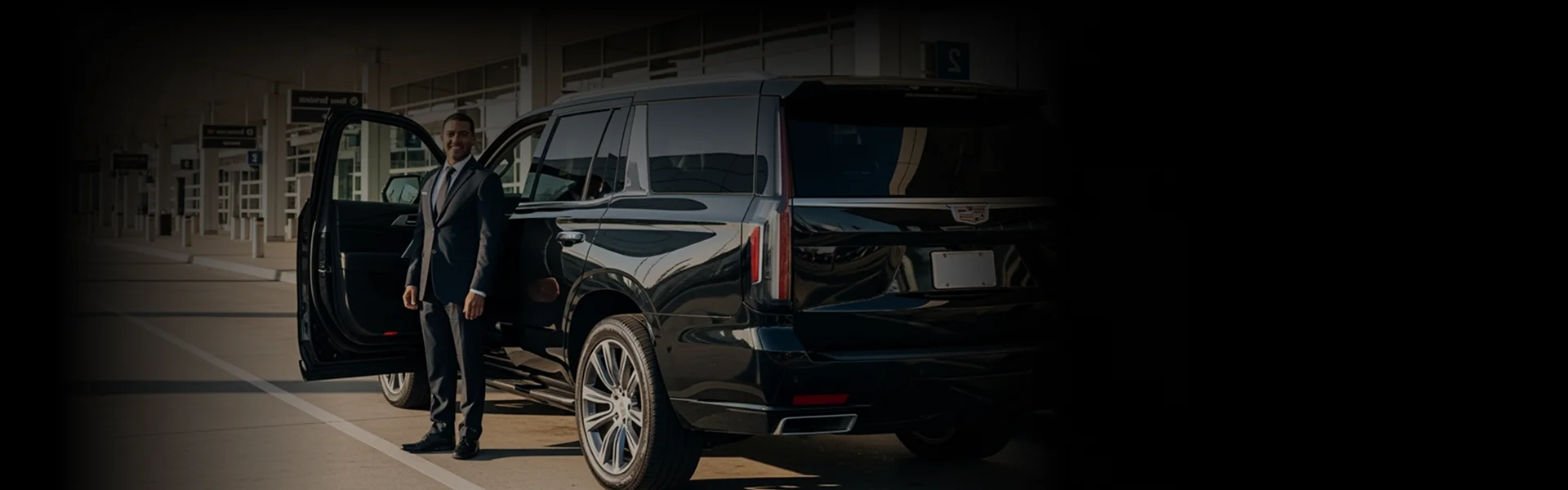 A smiling chauffeur in a dark suit and tie stands next to a black luxury SUV with the back passenger door open, ready to greet a client at an airport terminal or commercial building entrance.
