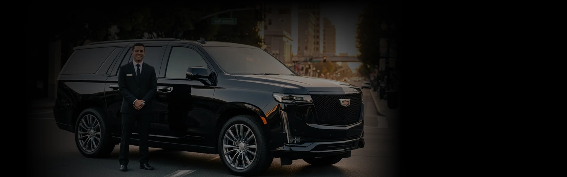 A suited chauffeur stands besides a black luxury SUV.
