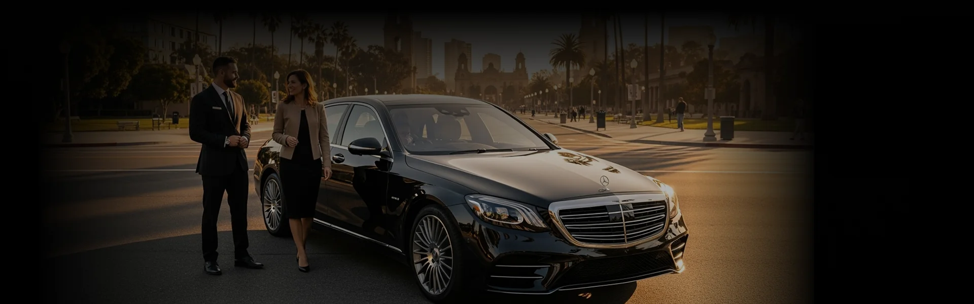 An elegant lady stands by a luxury black Mercedes Benz with a decently dressed chauffeur in golden sunlight shining over everything on a sideway of a road in San Diego.