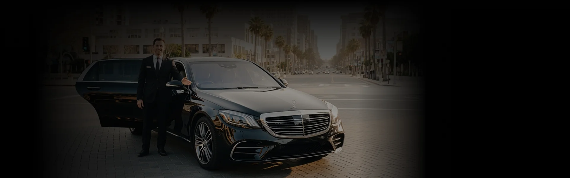 A smiling chauffeur in a suit stands next to a black Mercedes-Benz S-Class sedan with the car door open on a palm-lined city street.