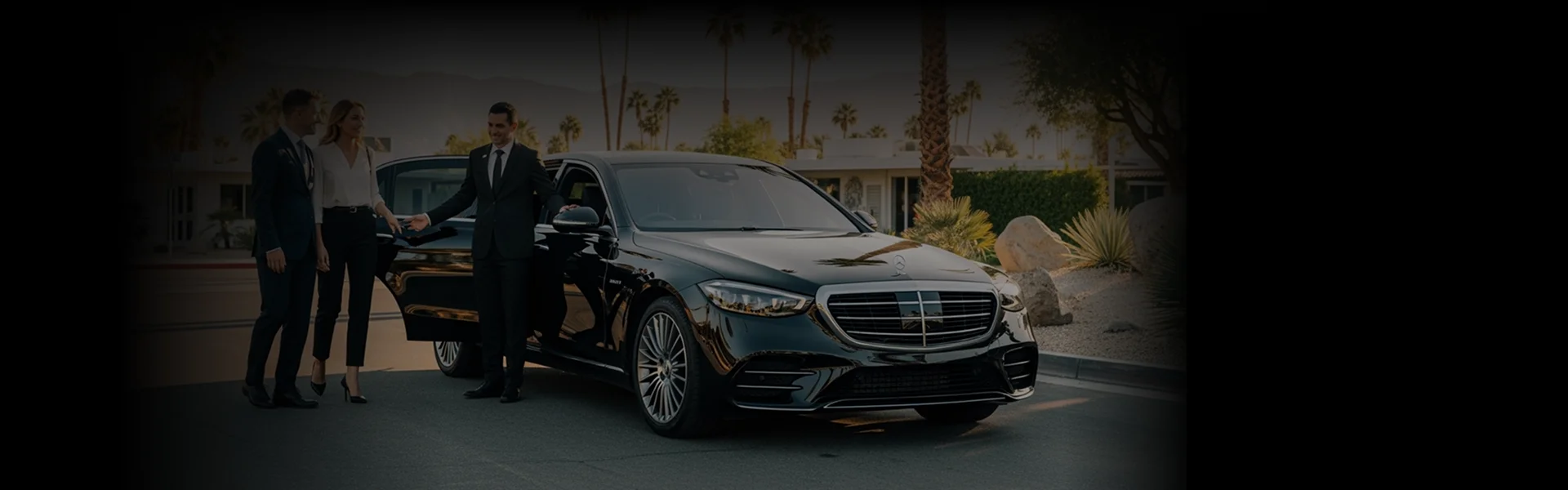 A chauffeur in a suit holds the door of a black Mercedes-Benz S-Class sedan open for a couple in a sunny residential area.
