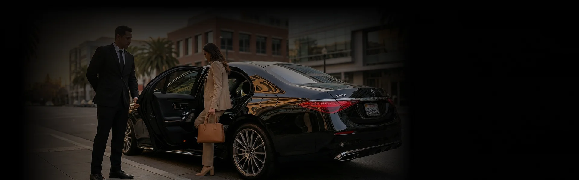 Chauffeur holding open the car door for a female passenger exiting a black luxury sedan.